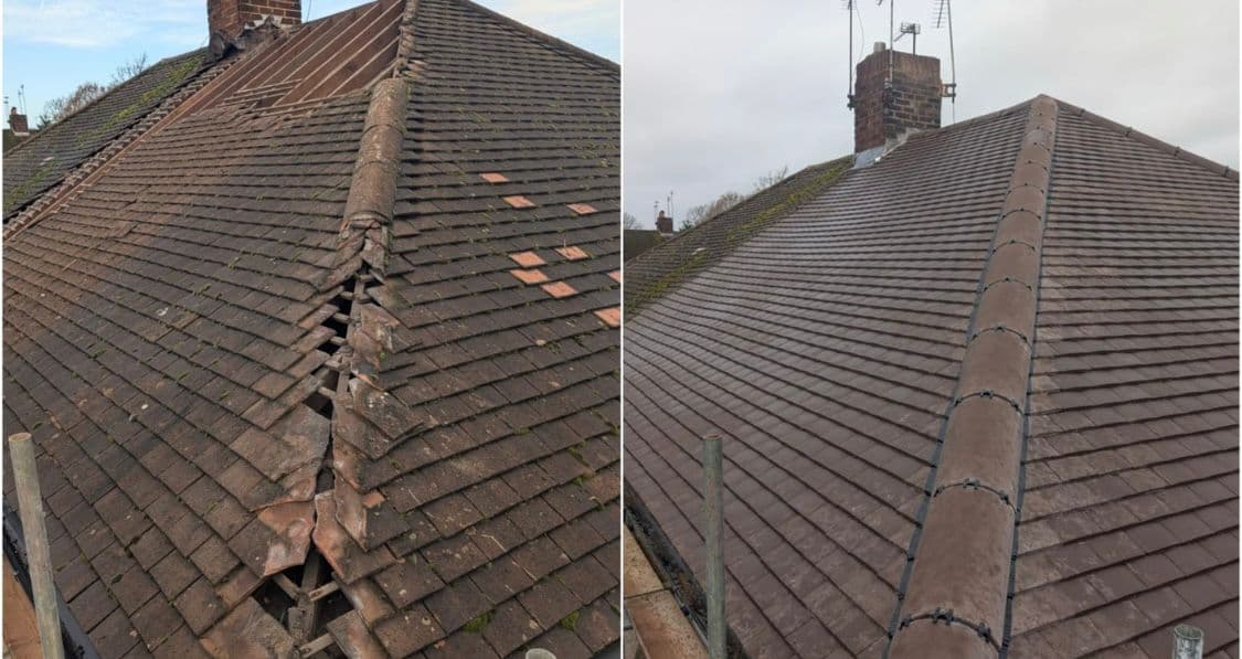 Collapsed roof ridge and hip rebuilt with new timbers and re-tiled