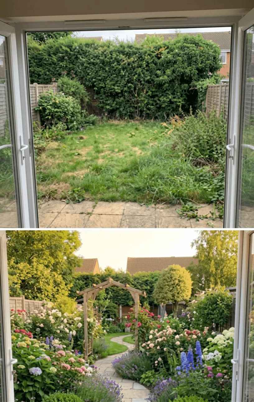 Before and after of a rear garden transformed with new lawn, patio and planted borders