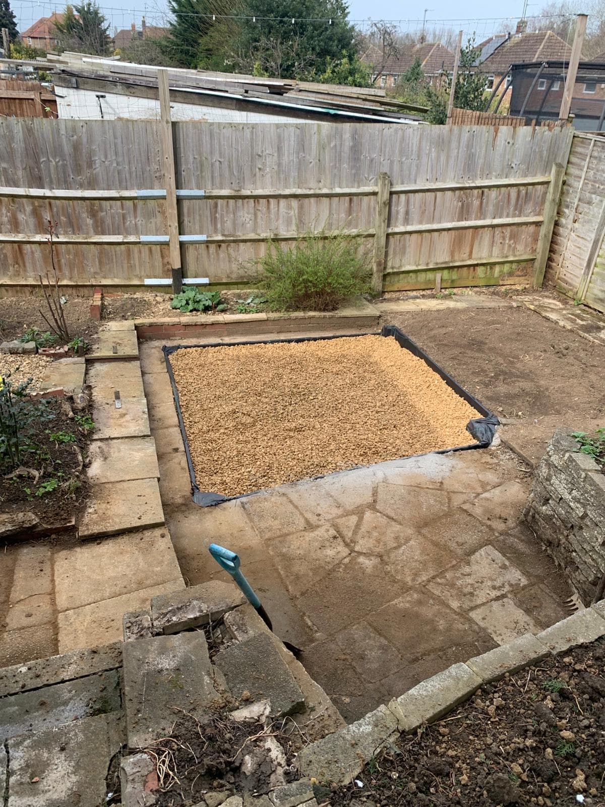 Decorative gravel bed with membrane-backed planted borders and stone edging