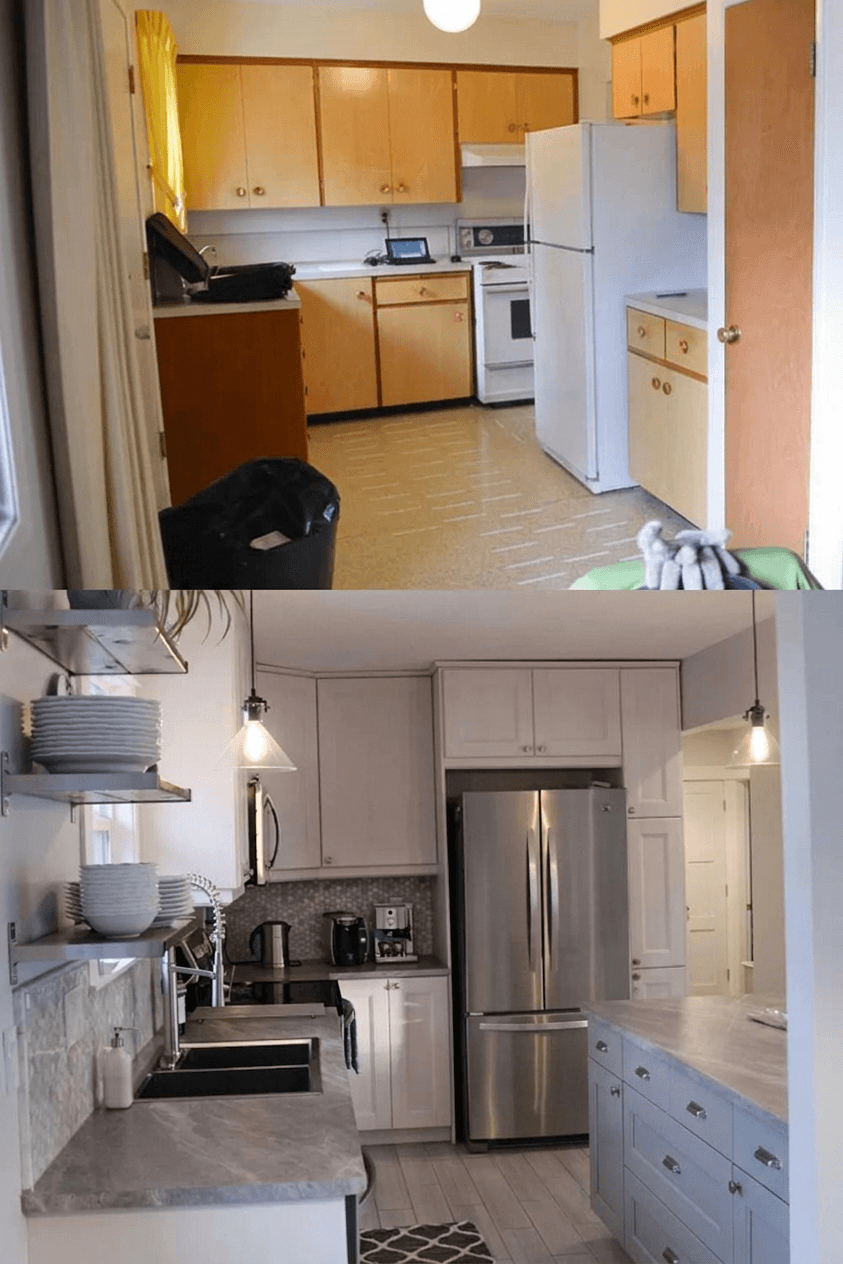 Before and after of a full kitchen remodel with new units, worktops and flooring