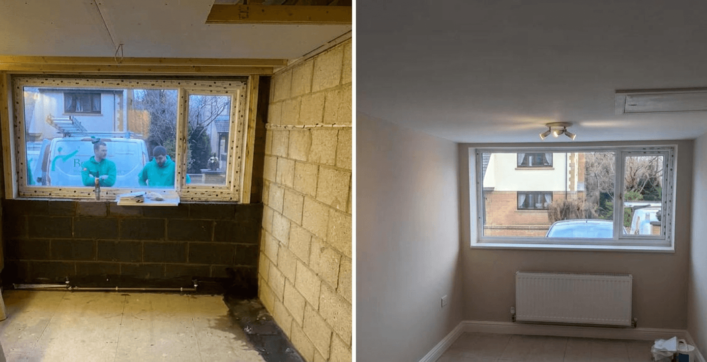Freshly plastered and decorated living room with smooth finished walls and ceiling