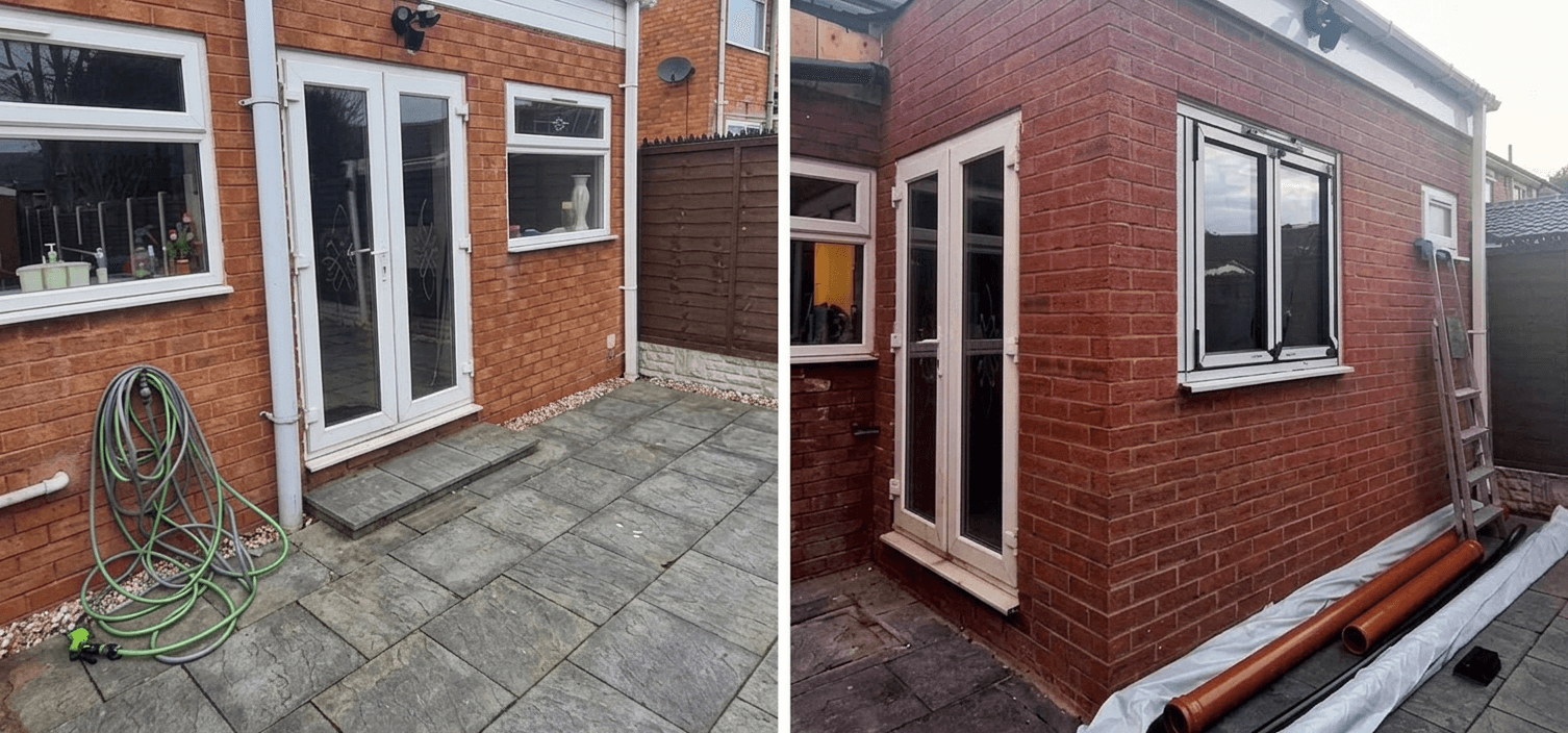 Completed side extension to a detached home with new pitched roof and rendered walls
