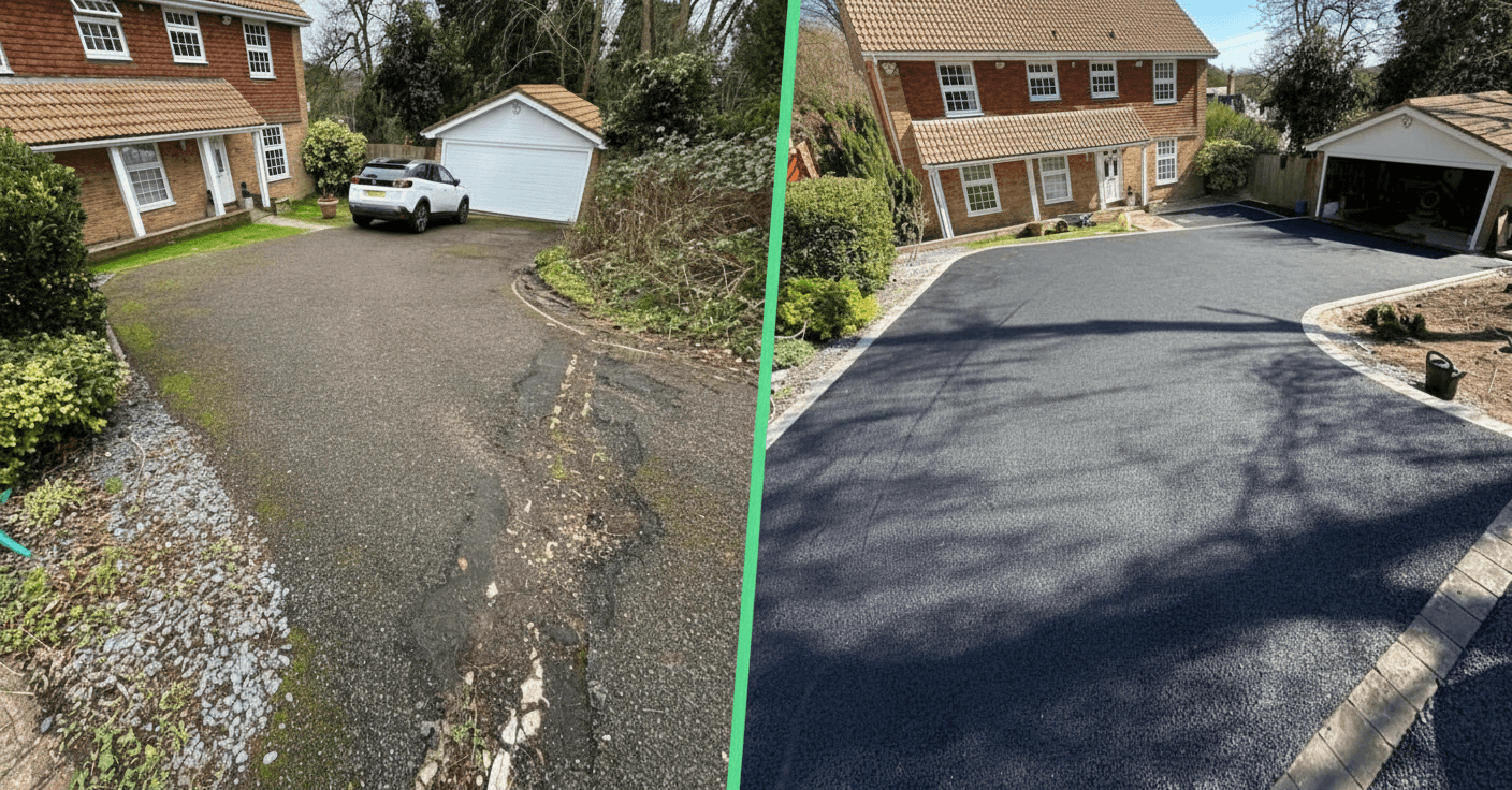 Freshly laid tarmac driveway with clean edging kerbs